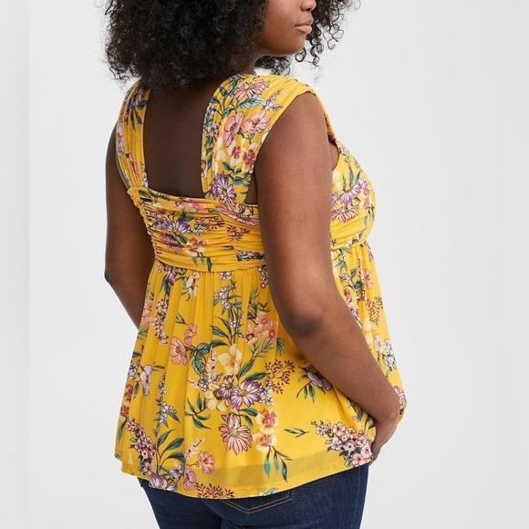 Torrid Stretch Mesh Square Neck Shirred Peplum Cherish Floral Mineral Yellow - Picture 3 of 13